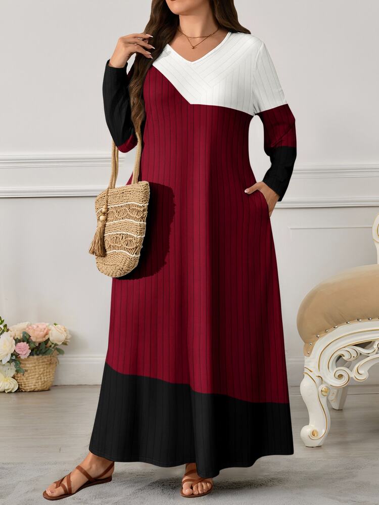 Lacomfia Women's Plus Size Faux Ribbed Texture Vertical Stripe Red Black White Colorblock Print Dress, Autumn/Winter Fashion V-Neck Long Sleeve With Pockets Elegant Long Dress, Suitable For Casual Daily Wear And Street Style Outfits Women's Long Robe - Multicolor - View 3