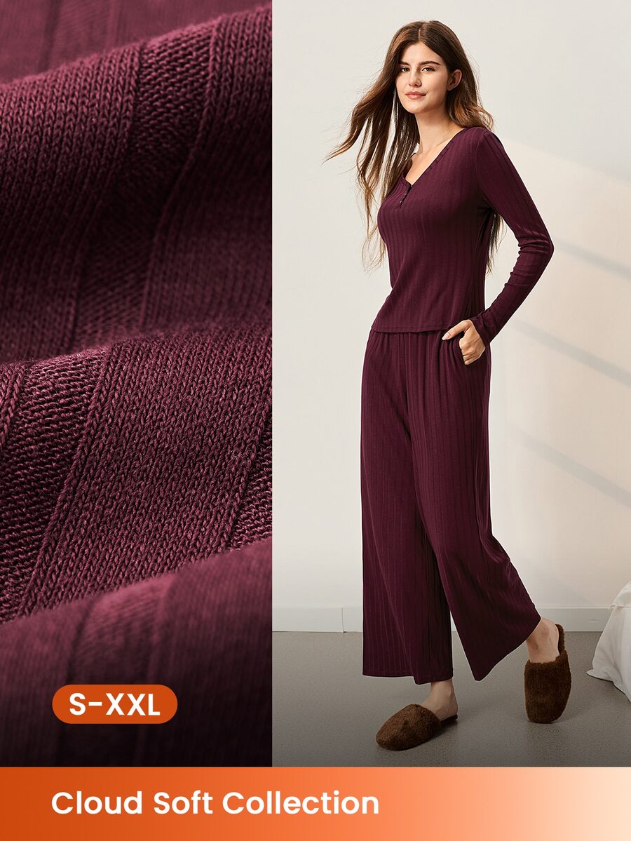 LUVLETTE Cloud Soft Fall Women's V-Neck Button Brown-Red Pullover Long-Sleeved Trousers Loungewear Set, Ribbed Textured Fabric, Lounge Sets For Women Graphic - Burgundy - View 1