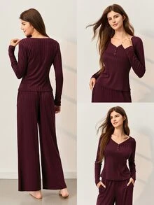 LUVLETTE Cloud Soft Fall Women's V-Neck Button Brown-Red Pullover Long-Sleeved Trousers Loungewear Set, Ribbed Textured Fabric, Lounge Sets For Women Graphic - Burgundy - View 3