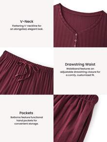 LUVLETTE Cloud Soft Fall Women's V-Neck Button Brown-Red Pullover Long-Sleeved Trousers Loungewear Set, Ribbed Textured Fabric, Lounge Sets For Women Graphic - Burgundy - View 4
