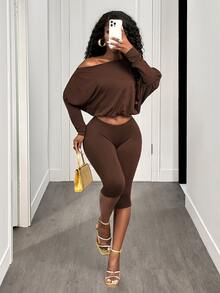 BamGleam Sexy Casual Asymmetric-Shoulder Cinched Waist Long Sleeve Crop Top And Pants Set Night Out Club Night Out Coffee Brown Autumn - Coffee Brown - View 4
