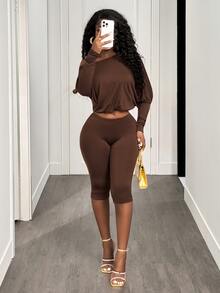 BamGleam Sexy Casual Asymmetric-Shoulder Cinched Waist Long Sleeve Crop Top And Pants Set Night Out Club Night Out Coffee Brown Autumn - Coffee Brown - View 7