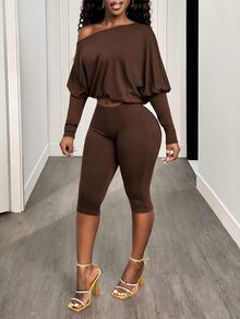 BamGleam Sexy Casual Asymmetric-Shoulder Cinched Waist Long Sleeve Crop Top And Pants Set Night Out Club Night Out Coffee Brown Autumn - Coffee Brown - View 5