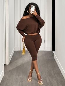 BamGleam Sexy Casual Asymmetric-Shoulder Cinched Waist Long Sleeve Crop Top And Pants Set Night Out Club Night Out Coffee Brown Autumn - Coffee Brown - View 8