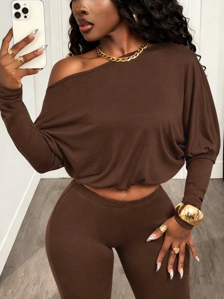 BamGleam Sexy Casual Asymmetric-Shoulder Cinched Waist Long Sleeve Crop Top And Pants Set Night Out Club Night Out Coffee Brown Autumn