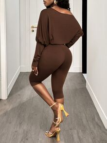 BamGleam Sexy Casual Asymmetric-Shoulder Cinched Waist Long Sleeve Crop Top And Pants Set Night Out Club Night Out Coffee Brown Autumn - Coffee Brown - View 3