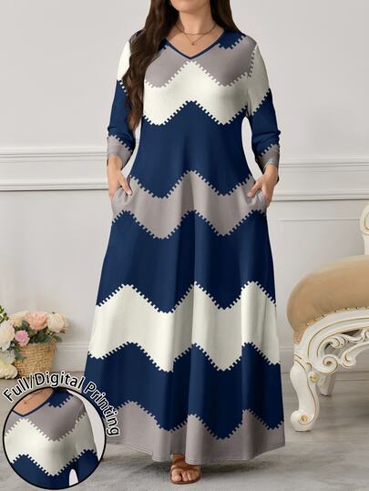 Lacomfia Women's Plus Size Vintage Wavy Zigzag Blue Grey White Color Block Geometric Print Dress, Autumn/Winter Fashion V-Neck Long Sleeve With Pockets Elegant Dress, Suitable For Casual Daily Wear And Street Style Outfits