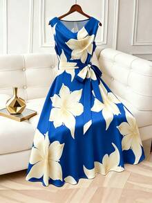 SHEIN Franclia 女款披肩領無袖綁帶洋裝，女款度假洋裝，女款黑色洋裝 - 藍色 - 查看 3