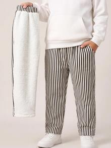 SHEIN بنطلون شتوي طويل للأطفال والفتيان الصغار بخطوط ملونة وخصر مطاطي، متعدد الاستخدامات ومريح - متعدد الألوان - مشاهدة 1