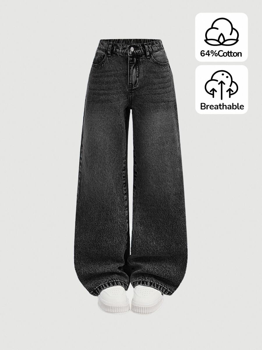 SHEIN Celana Jeans Remaja Perempuan Gaya Retro Y2K Model Pinggang Tinggi dengan Motif Kumis Kucing, Potongan Lurus Longgar, Pakaian Jalanan untuk Musim Gugur dan Musim Dingin Kembali ke Sekolah - Hitam - View 1