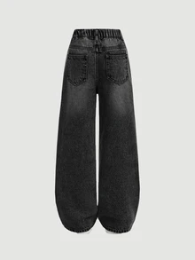 SHEIN Celana Jeans Remaja Perempuan Gaya Retro Y2K Model Pinggang Tinggi dengan Motif Kumis Kucing, Potongan Lurus Longgar, Pakaian Jalanan untuk Musim Gugur dan Musim Dingin Kembali ke Sekolah - Hitam - View 2