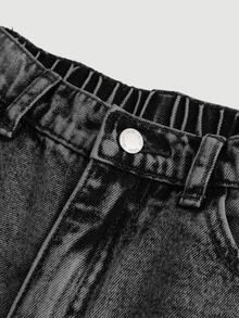 SHEIN Celana Jeans Remaja Perempuan Gaya Retro Y2K Model Pinggang Tinggi dengan Motif Kumis Kucing, Potongan Lurus Longgar, Pakaian Jalanan untuk Musim Gugur dan Musim Dingin Kembali ke Sekolah - Hitam - View 3