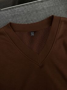 SHEIN EZwear Sweatshirt Kasual Minimalis dengan Leher V, Ukuran Longgar, Cocok untuk Musim Gugur/Musim Dingin - Coklat - View 6