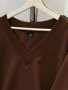 SHEIN EZwear Sweatshirt Kasual Minimalis dengan Leher V, Ukuran Longgar, Cocok untuk Musim Gugur/Musim Dingin - Coklat - View 5