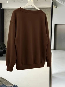SHEIN EZwear Sweatshirt Kasual Minimalis dengan Leher V, Ukuran Longgar, Cocok untuk Musim Gugur/Musim Dingin - Coklat - View 2