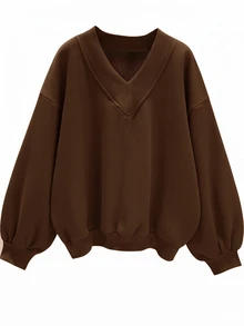 SHEIN EZwear Sweatshirt Kasual Minimalis dengan Leher V, Ukuran Longgar, Cocok untuk Musim Gugur/Musim Dingin - Coklat - View 1