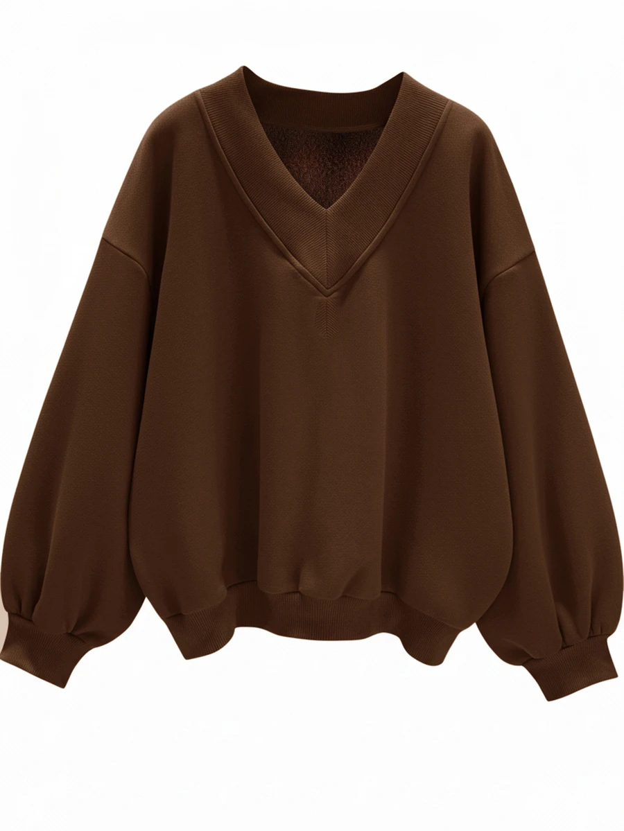 SHEIN EZwear Sweatshirt Kasual Minimalis dengan Leher V, Ukuran Longgar, Cocok untuk Musim Gugur/Musim Dingin - Coklat - View 1