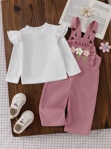 SHEIN Vintaside Kids 女嬰 2 件組上衣套裝 春秋冬季休閒針織長袖吊帶褲 日常穿搭 卡其米色印花套裝 - 粉色 - 查看 9