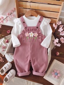 SHEIN Vintaside Kids 女嬰 2 件組上衣套裝 春秋冬季休閒針織長袖吊帶褲 日常穿搭 卡其米色印花套裝 - 粉色 - 查看 5
