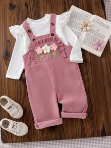 SHEIN Vintaside Kids 女嬰 2 件組上衣套裝 春秋冬季休閒針織長袖吊帶褲 日常穿搭 卡其米色印花套裝 - 粉色 - 查看 12