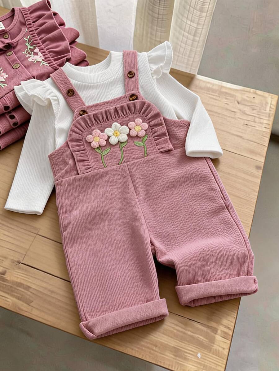 SHEIN Vintaside Kids 2件組幼女上衣吊帶褲套裝,甜美可愛粉白配色,3D花朵荷葉邊飄逸長袖圓領,修身顯優雅羅紋布料,適合派對、秋季假期 - 粉色 - 查看 1