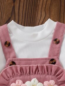 SHEIN Vintaside Kids 女嬰 2 件組上衣套裝 春秋冬季休閒針織長袖吊帶褲 日常穿搭 卡其米色印花套裝 - 粉色 - 查看 3