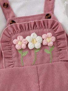 SHEIN Vintaside Kids 女嬰 2 件組上衣套裝 春秋冬季休閒針織長袖吊帶褲 日常穿搭 卡其米色印花套裝 - 粉色 - 查看 4