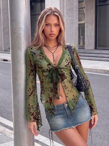 SHEIN ICON 女式不对称下摆喇叭袖复古植绒网眼透视开衫 - 綠色 - 查看 12