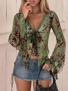 SHEIN ICON 女式不对称下摆喇叭袖复古植绒网眼透视开衫 - 綠色 - 查看 13