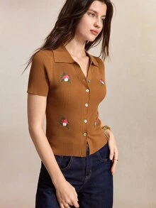 BizChic 棕色花卉刺繡開襟衫，翻領，羅紋針織，秋季，萬聖節，返校，教堂，法式復古 70 年代，特殊場合，生日，早午餐 - 棕色 - 查看 7
