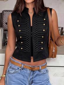 Struktiv Fall/Winter Black Gold Structured Woven Stand Vest Braided Rope Decor Vintage Elegant Short Length, Commute Party Night Out Going Out Autumn Club - Black - View 5