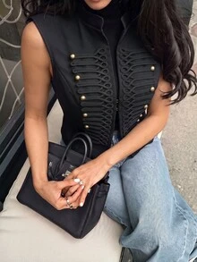 Struktiv Fall/Winter Black Gold Structured Woven Stand Vest Braided Rope Decor Vintage Elegant Short Length, Commute Party Night Out Going Out Autumn Club - Black - View 7