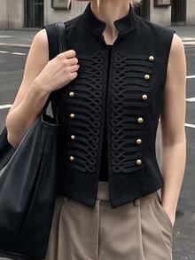 Struktiv Fall/Winter Black Gold Structured Woven Stand Vest Braided Rope Decor Vintage Elegant Short Length, Commute Party Night Out Going Out Autumn Club - Black - View 9