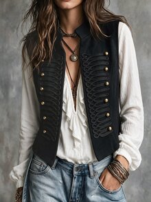 Struktiv Fall/Winter Black Gold Structured Woven Stand Vest Braided Rope Decor Vintage Elegant Short Length, Commute Party Night Out Going Out Autumn Club - Black - View 8