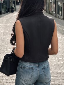 Struktiv Fall/Winter Black Gold Structured Woven Stand Vest Braided Rope Decor Vintage Elegant Short Length, Commute Party Night Out Going Out Autumn Club - Black - View 2