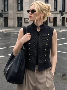 Struktiv Fall/Winter Black Gold Structured Woven Stand Vest Braided Rope Decor Vintage Elegant Short Length, Commute Party Night Out Going Out Autumn Club - Black - View 3
