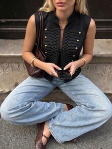 Struktiv Fall/Winter Black Gold Structured Woven Stand Vest Braided Rope Decor Vintage Elegant Short Length, Commute Party Night Out Going Out Autumn Club - Black - View 4