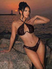 Swim SXY 春夏豹紋鋼圈可拆式胸墊非聚攏交叉肩帶掛脖露背上衣，搭配側開衩隧道抽繩三角比基尼泳褲，休閒度假風女款兩件式泳裝套裝 - 彩色 - 查看 4