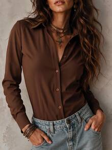 Solivie Women's Single-Breasted Casual Versatile Daily Long Sleeve Shirt - Brown - View 10