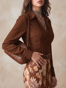 Solivie Women's Single-Breasted Casual Versatile Daily Long Sleeve Shirt - Brown - View 5
