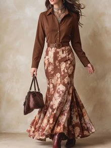 Solivie Women's Single-Breasted Casual Versatile Daily Long Sleeve Shirt - Brown - View 2