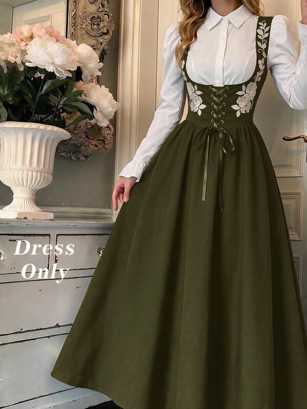 Skyraze Women's Floral Embroidered Tie-Up Design Long Dress