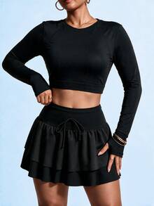 Easithlete Easithlete Women's Plus-Size Black Fall/Winter High-Quality Athletic Skort – Slimming, Sexy, & Cute – Double-Layer Ruffled Design With Pockets & Fleece Lining - Black - View 7