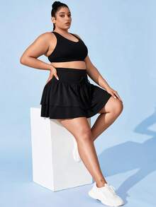 Easithlete Easithlete Women's Plus-Size Black Fall/Winter High-Quality Athletic Skort – Slimming, Sexy, & Cute – Double-Layer Ruffled Design With Pockets & Fleece Lining - Black - View 6