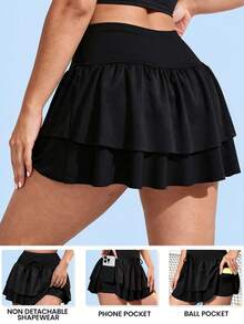Easithlete Easithlete Women's Plus-Size Black Fall/Winter High-Quality Athletic Skort – Slimming, Sexy, & Cute – Double-Layer Ruffled Design With Pockets & Fleece Lining - Black - View 2