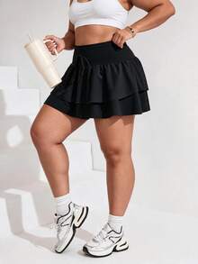 Easithlete Easithlete Women's Plus-Size Black Fall/Winter High-Quality Athletic Skort – Slimming, Sexy, & Cute – Double-Layer Ruffled Design With Pockets & Fleece Lining - Black - View 8