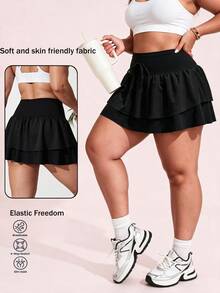 Easithlete Easithlete Women's Plus-Size Black Fall/Winter High-Quality Athletic Skort – Slimming, Sexy, & Cute – Double-Layer Ruffled Design With Pockets & Fleece Lining - Black - View 5