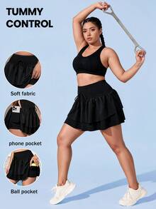 Easithlete Easithlete Women's Plus-Size Black Fall/Winter High-Quality Athletic Skort – Slimming, Sexy, & Cute – Double-Layer Ruffled Design With Pockets & Fleece Lining - Black - View 4