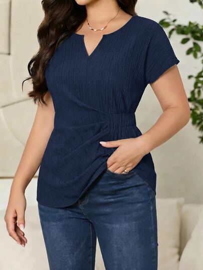 SHEIN Clasi Women's Solid Color Notch V-Neck Short Sleeve Casual Elegant Shirt Office Business Navy Blue Summer