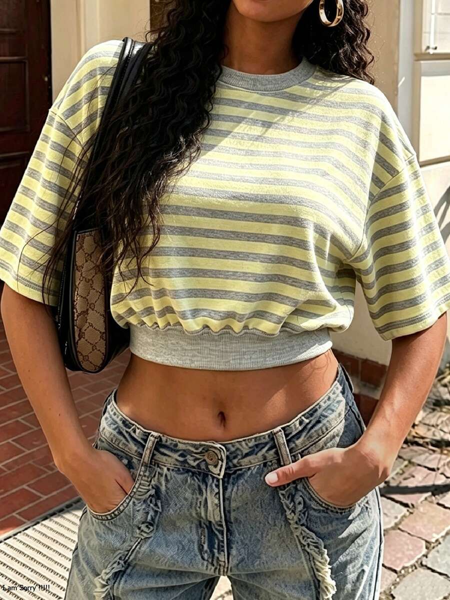 Rovax Loose Short Crew Neck Drop Shoulder Short Sleeve Top - Multicolor - View 1